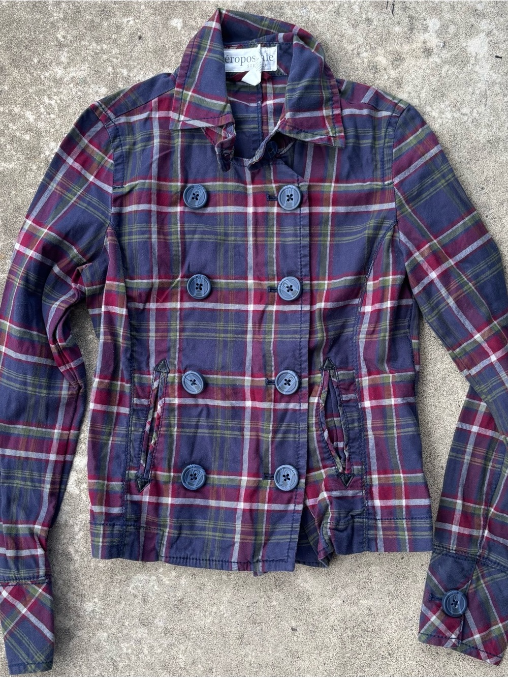 Y2K Aeropostale Women's Navy and Burgundy Plaid Double-Breasted Pea Coat jacket